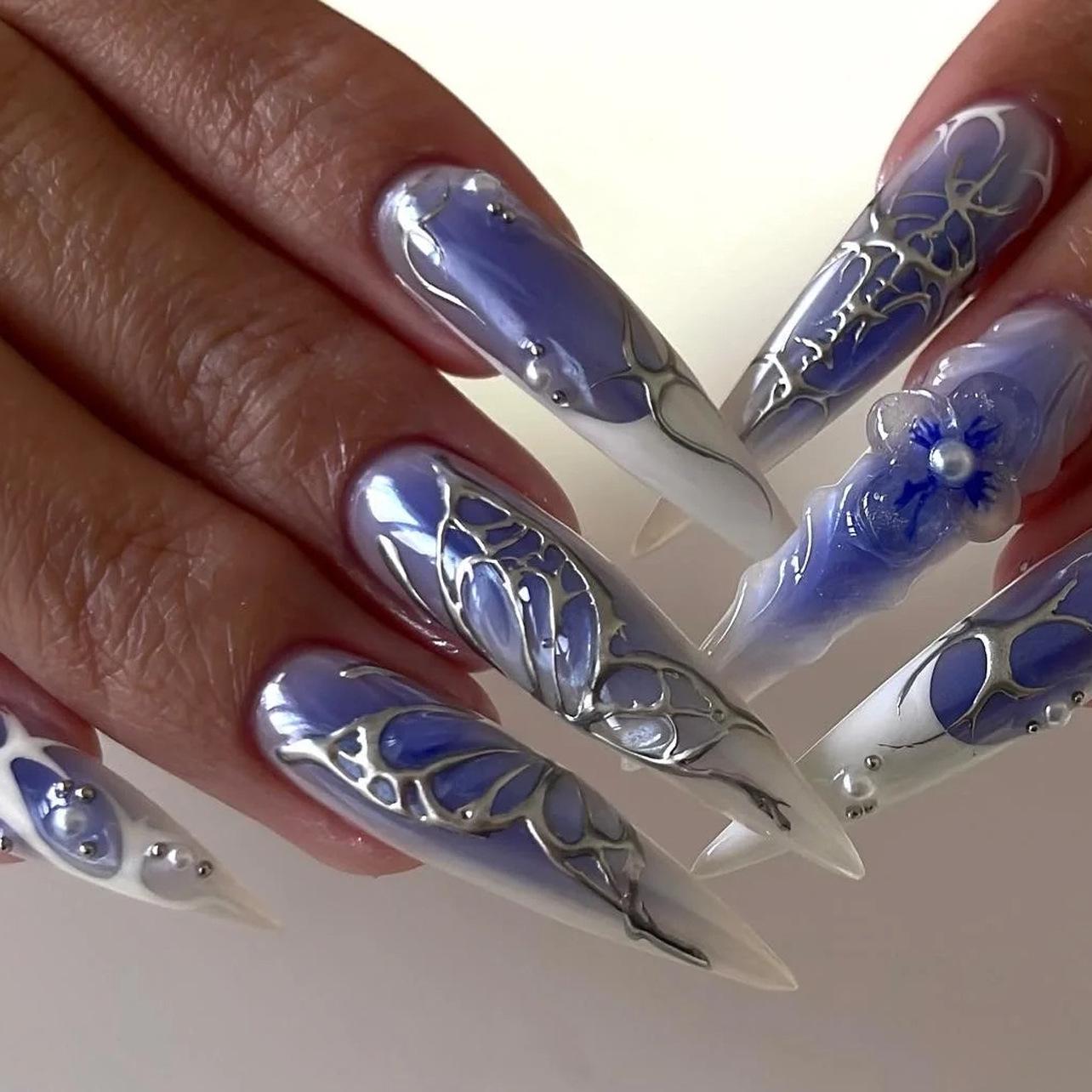 

Blue & White French False Nails with Silver Butterfly and 3D Flower Pearl Stickers