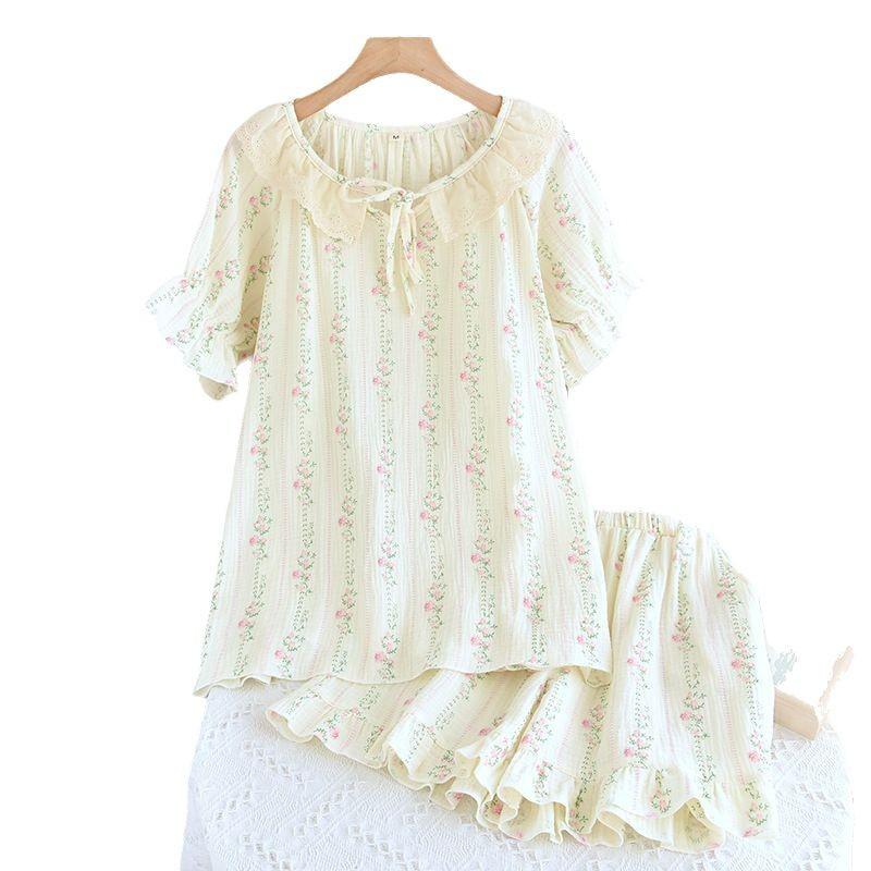 Summer new pajamas pure cotton cotton yarn floral short-sleeved shorts women's suit can be worn outside loose loungewear