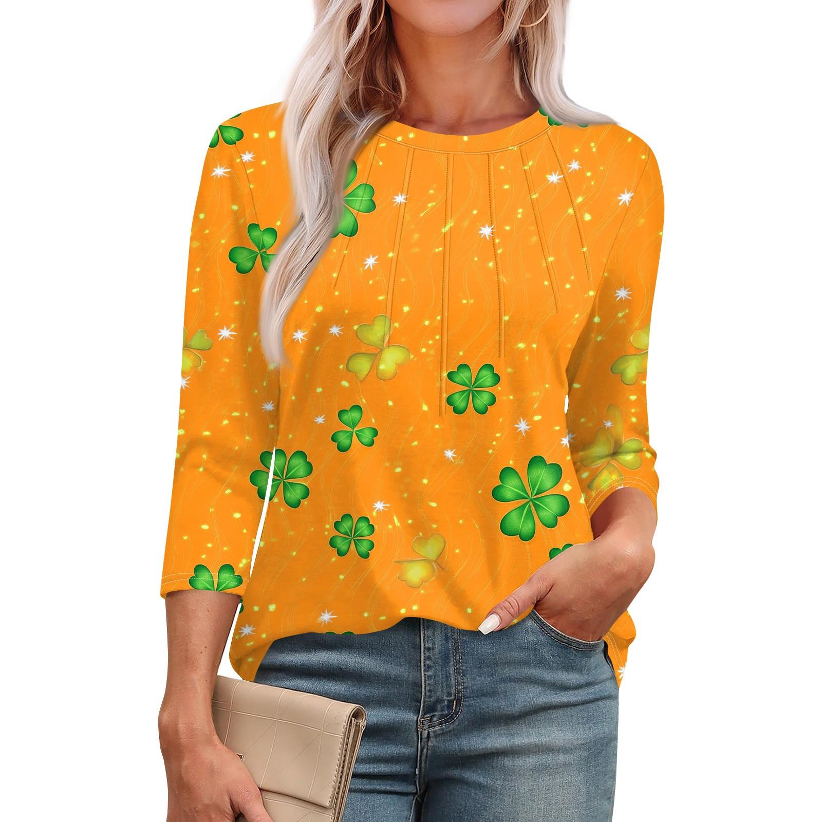 

Женская модная футболка с круглым вырезом и рукавом 3/4 с принтом, повседневная, базовая, плиссированная, пуловер XXXL оранжевый