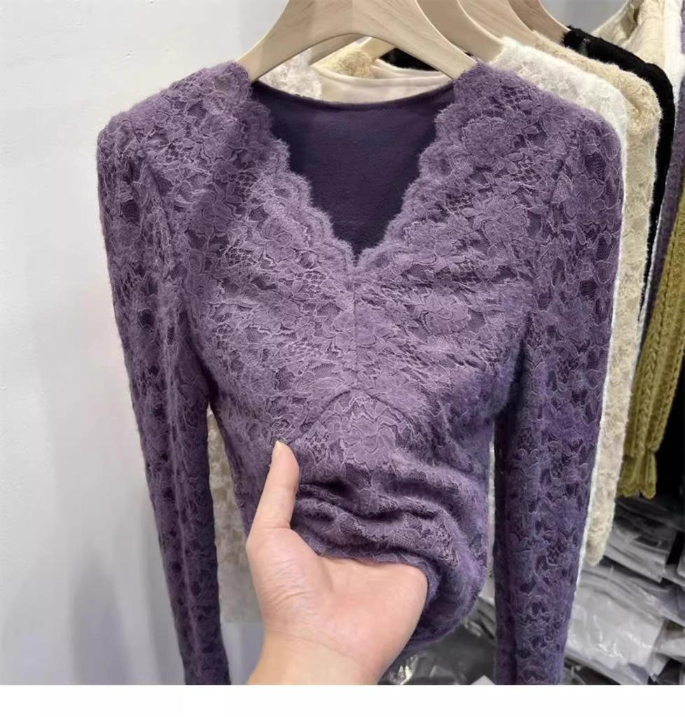Chic V-Neck Lace Velvet Layered Top for Women - Trendy Autumn/Winter 2025
