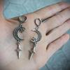 Gothic Ancient Silver Exquisite Hollowed-out Patterns Crescent Moon Star Charms Dangle Earrings for Women Y2k Punk Jewelry Gifts