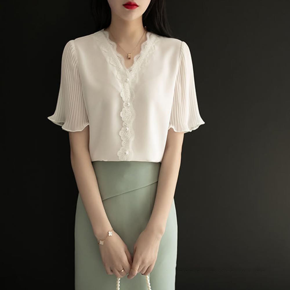 Lace Blouse Chiffon Tops Flared Short Sleeve Korean Style Summer Stylish Neat Thin Adult Cute Loose Fit Slimming Casual Office Commuting OL Date