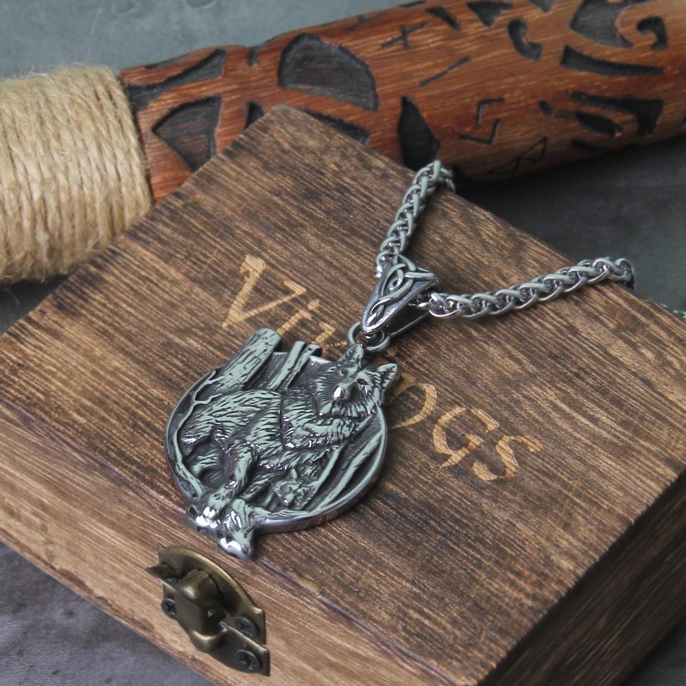 Never Fade Stainless Steel Nordic Viking Wolf Necklace with Wooden Gift Box Original Animal Jewelry