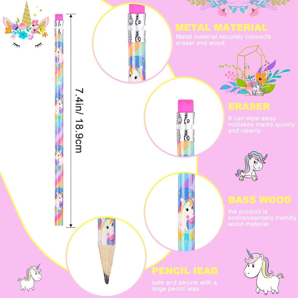 Rainbow HB Unicorns Pencils - Erasable Graphite Pencils with Erasers for Kids, Unicorn Party Favors (36 Pack)