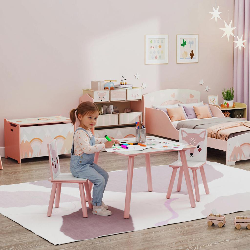 Children's Seating Set Made of Pine Wood, Table with 2 Chairs, Animal Motif, Children's Room, 3-8 Years, Pink
