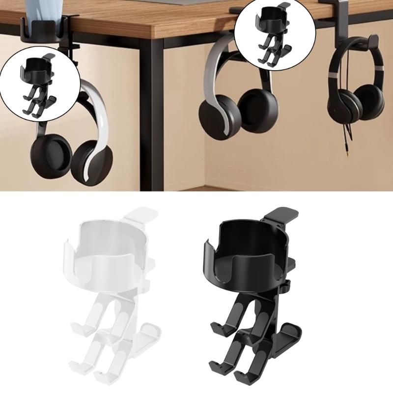 Clamp On Under Desk Headphone Holder With Concealed Storage And 360 Degree Rotating Cup Holder For Office Accessories