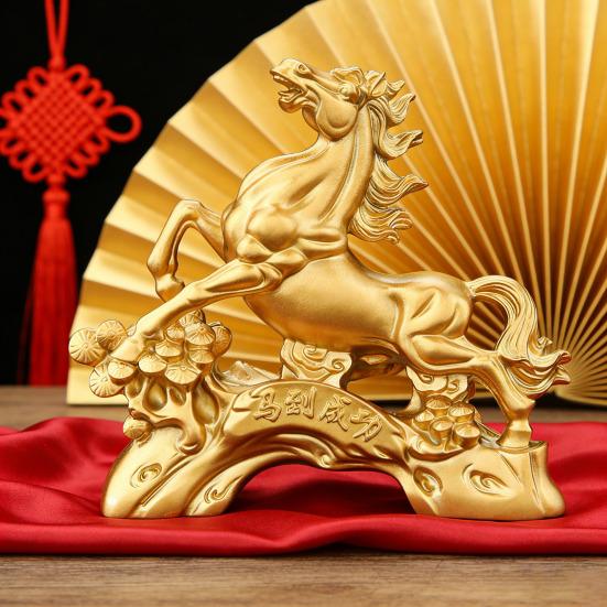 Resin Horse Statue Golden Feng Shui Chinese Zodiac Horse Sculpture 2026 Year of The Horse Collectible Figurine for Tabletop Mantel Home Office Decor