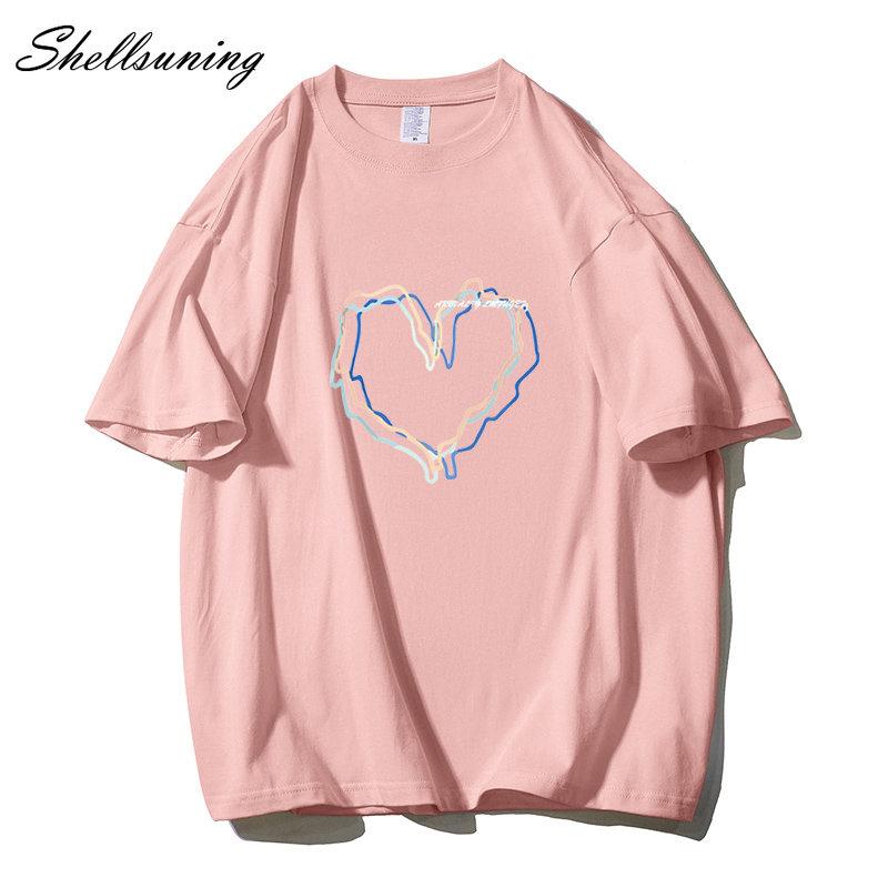 Shellsuning Loose O Neck Cotton Printed Shirts Women Summer Kawaii Heart Graphic Tees Female Casual Short Sleeve Base Black Tops