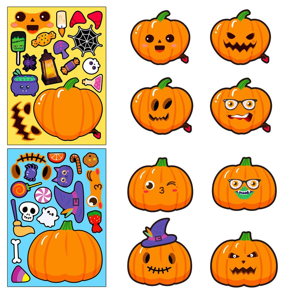 6 Photos/pack Halloween Puzzle Stickers Temu New Children's Cartoon Doodle Pumpkin Face Change Stickers
