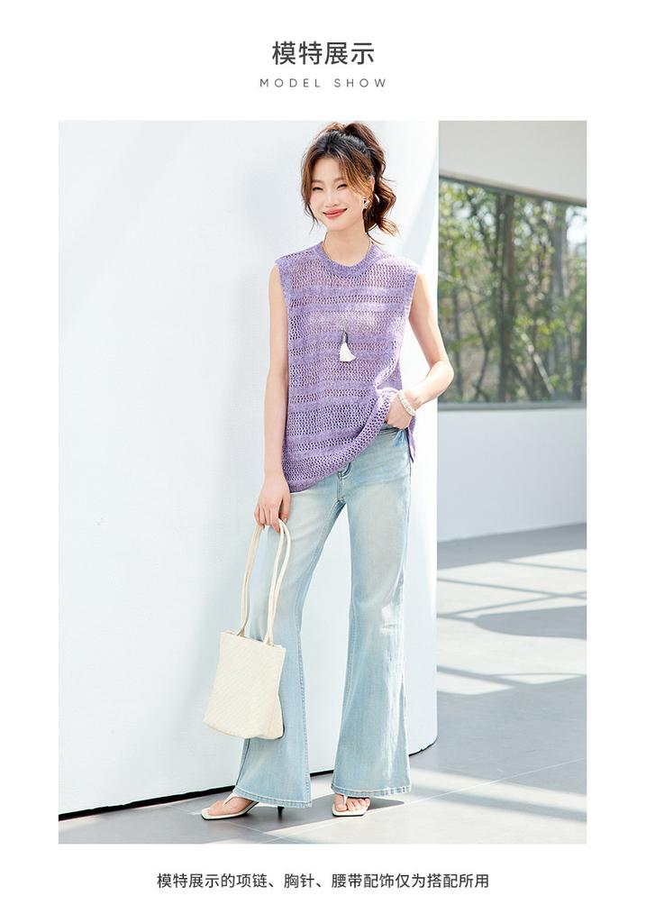 Fashionable 26 year summer outfit, layered on top, round neck, hollowed out knitted vest, knitted sweater, shoulder cut top, women's clothing
