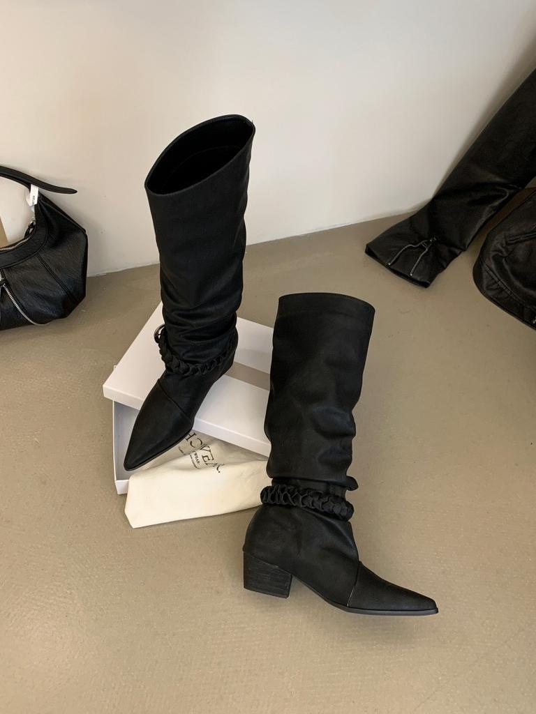 New boots versatile fashion wooden heel woven pointed women's shoes