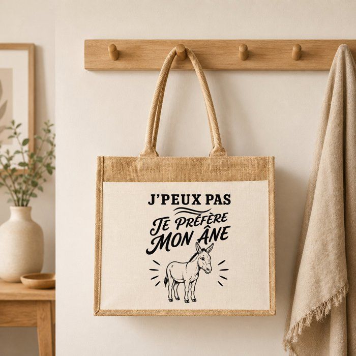 Cabas - PLANETEE - J'peux pas minimaliste - Toile de jute et coton - Illustration âne - 21 L