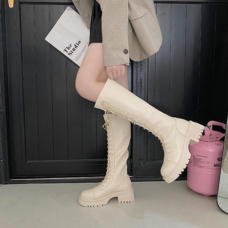 Comemore Women's Long Boots Shoes Knee High Spring Chunky Heel Boot Punk Style Casual White Black Lace Up Platform Botas Woman