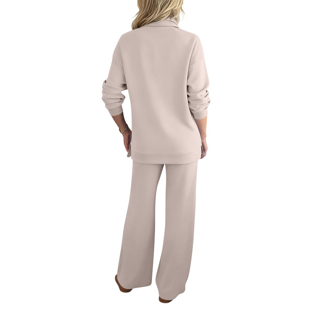 Women's Fashion Solid Color High Neck Long Sleeved Hem Slit Sweatshirt Top Casual Sweatpants Two-piece Set