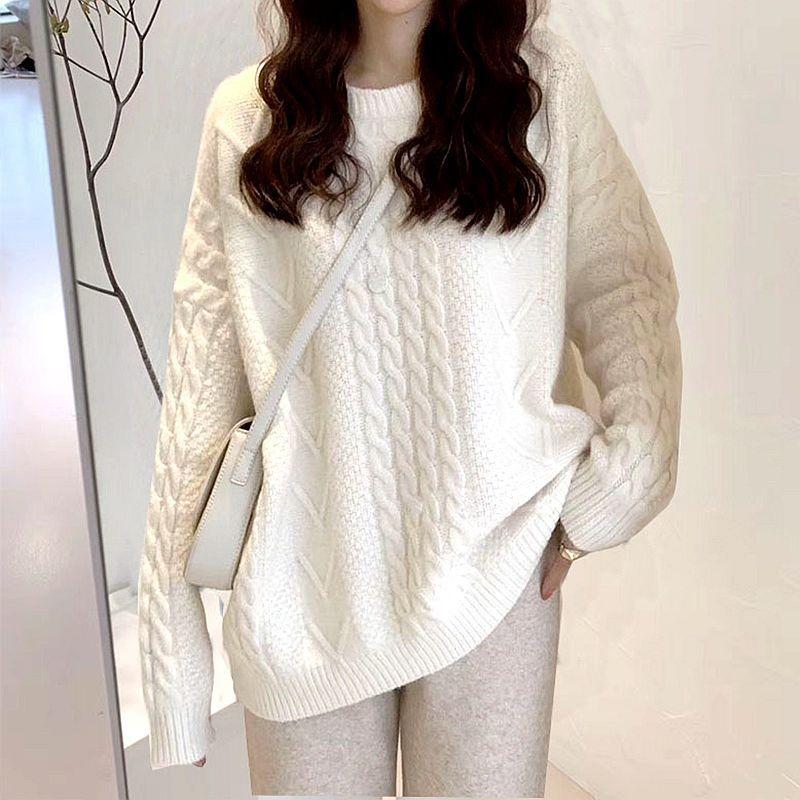 Thickened soft waxy gentle sweater women's autumn and winter top loose retro lazy twist bottomed knitted sweater jacket