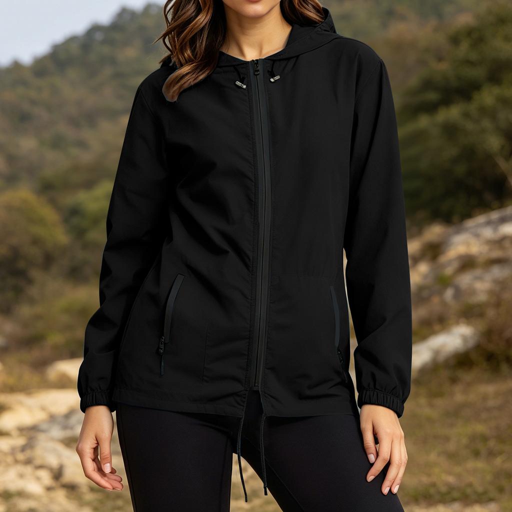 Women's Plus Size Lightweight Hooded Jacket Long Sleeve Zip Up Foldable Windbreaker with Storage Bag Outdoor Casual Coat