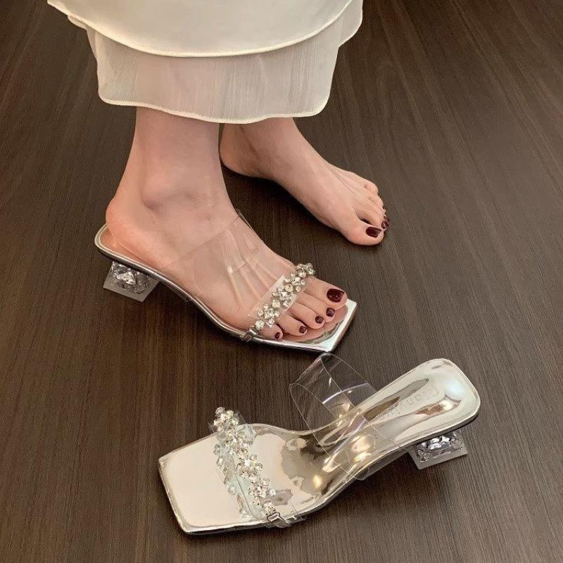 Fashion New Style Women's Water Diamond Flower Sandals with Transparent Thick Bottom Party Dress Slippers Mules High Heels Zapatos Mujer