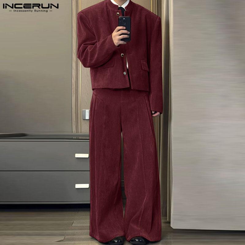 INCERUN Two Pieces Outfits Men Long Sleeve Coats Long Straight Pants Corduroy Sets
