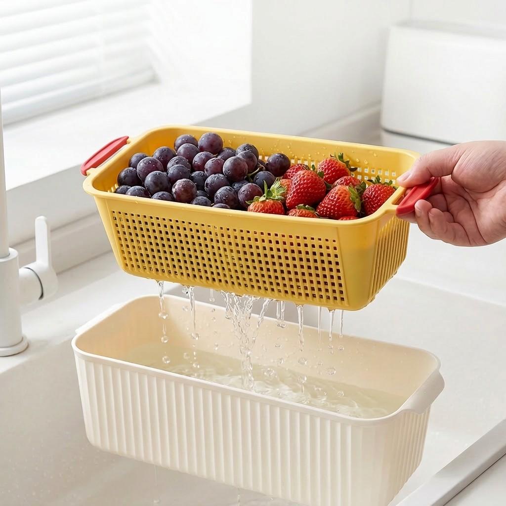 1/2/4PCS Fridge Double Layer Fruit Vegetable Storage Box Stackable Kitchen Organizer Plastic Drain Storage Basket With Handle