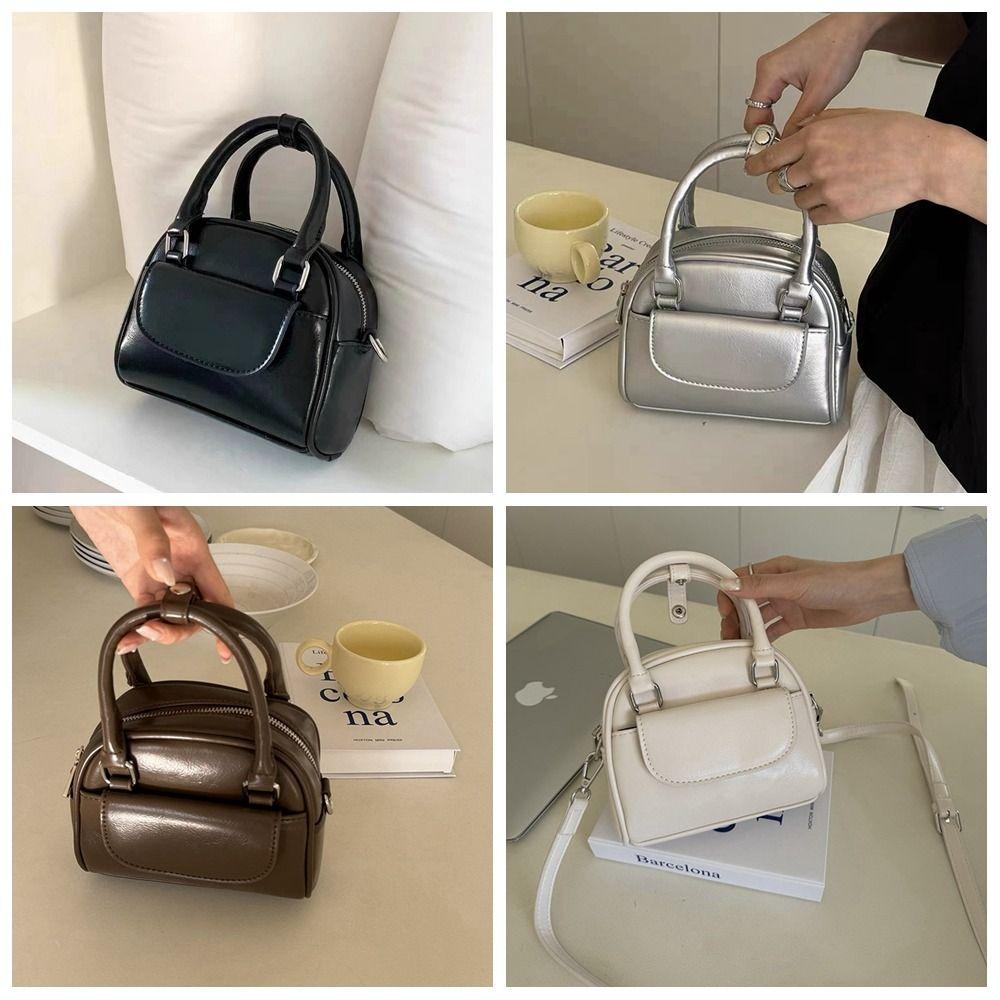 Shoulder Bag PU Bowling Bag PU Leather Boston Bag Fashion Silver Handbag Shopping