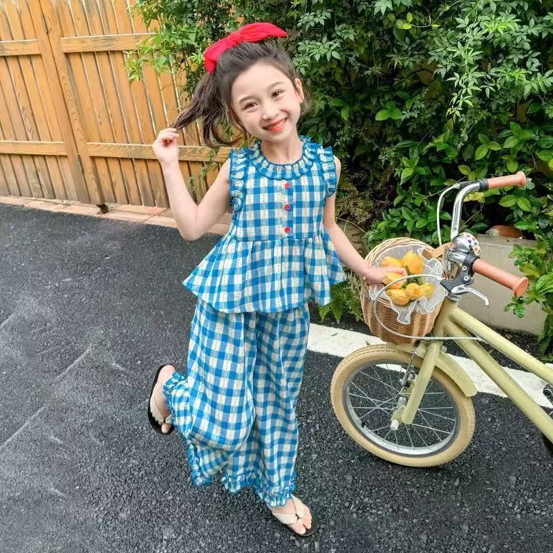 Girls Summer Sweet Checkered Sleeveless Dress