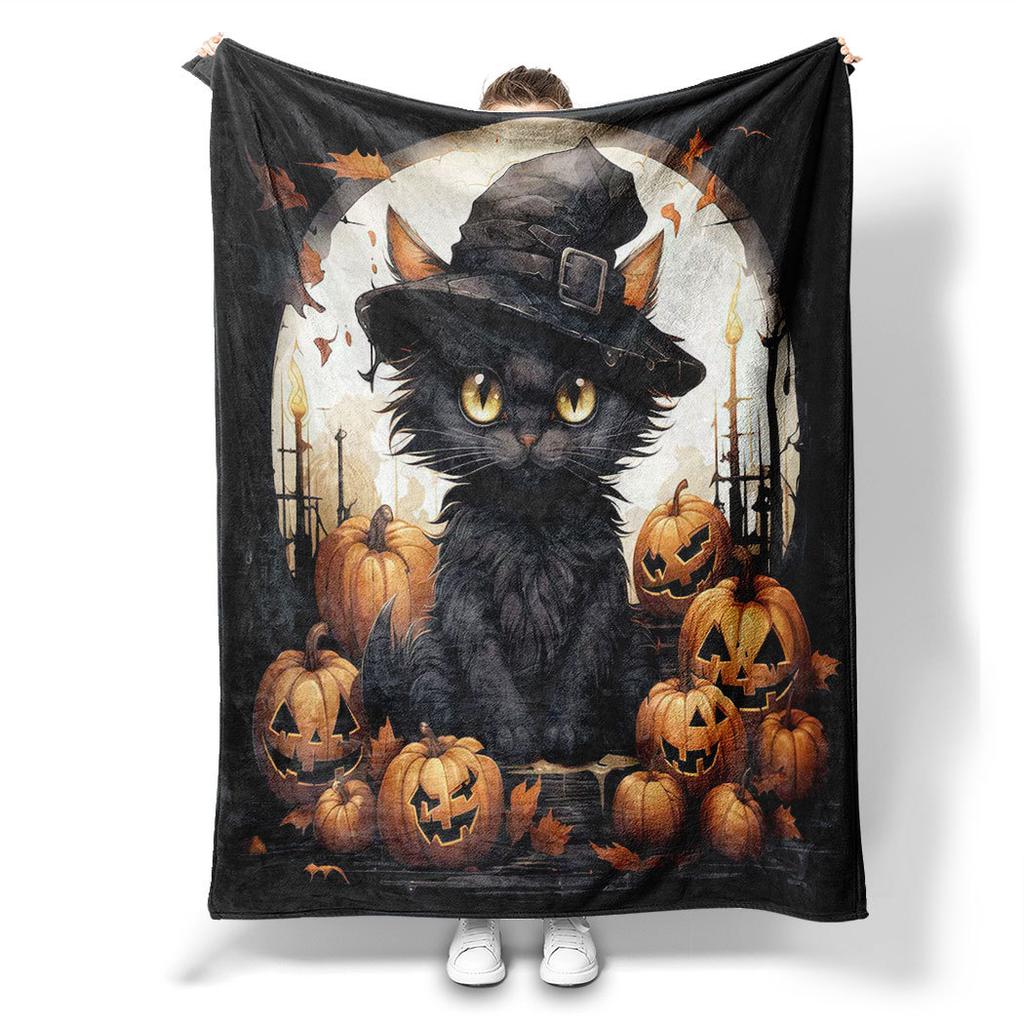 Halloween black cat pattern Printed Blanket for Bed Travel Camping Living Room Office Conditioning Blanket for All Seasons Gifts