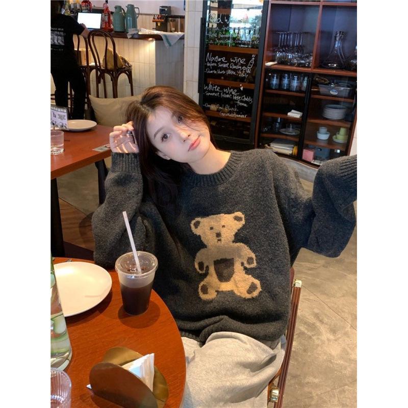 Women's Retro Teddy Bear Knit Sweater – Lazy Style Crew Neck, Long Sleeves, Winter Wear