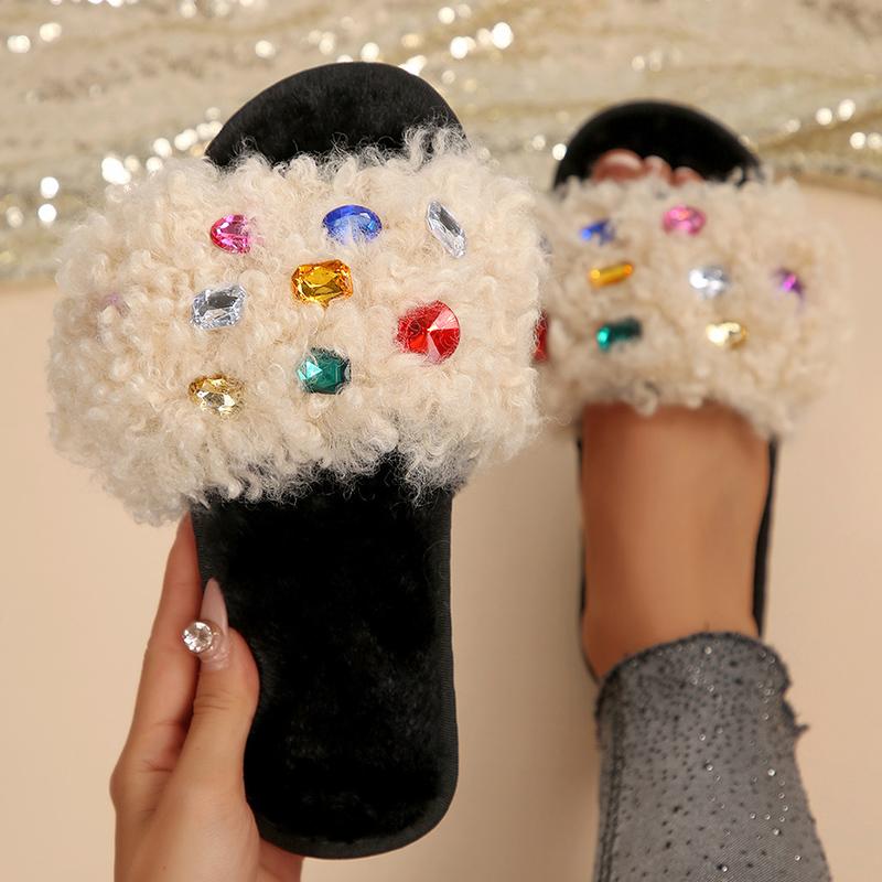 Fashion Fashion Rhinestone Cotton Slippers Women Light Flat Heel Slippers Woman Autumn Winter Indoor Anti Slip Plush Slides Female
