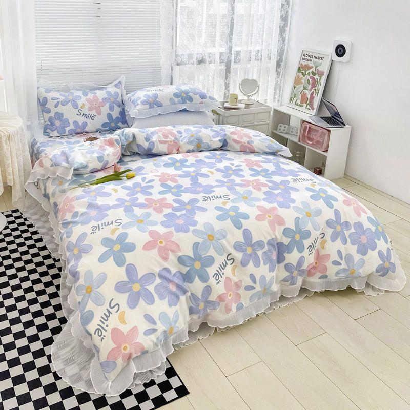 New Pure Cotton Environmental Protection Digital Printing Flower Fairy Women's Lace Large Lace Bed Cover Three-Piece Set Four-Piece Set