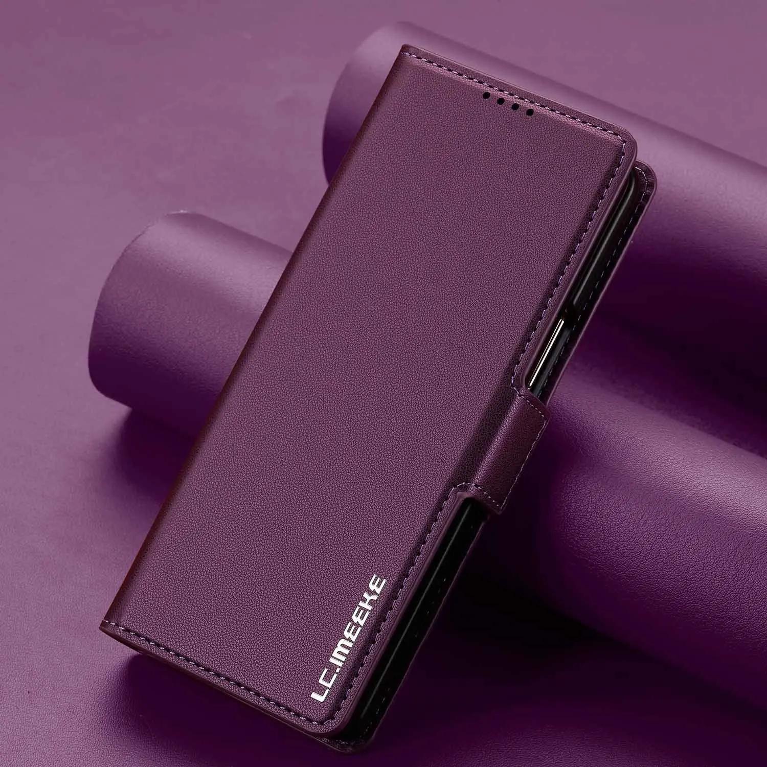 

Retro Pure Color Magnetic Leather Case For Samsung Galaxy Z Fold 7 6 5 4 3 Shockproof Card Bag Holder Pocket Cover With Pen Slot Galaxy Z Fold6 фиолетовый