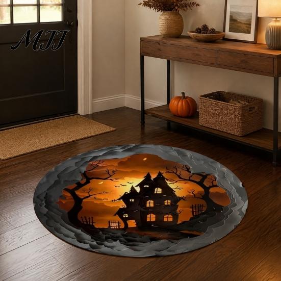 Indoor Holiday Theme Rug Halloween Round Area Rug, 3D Optical Illusion Doormat for Living Room, Scary Floor Mat Non Slip Absorbent Mat, Washable