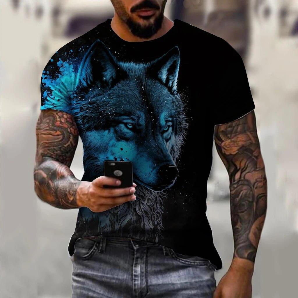 Vintage trička pro muže 3D tisk Moonlight Wolf Tops Krátký rukáv Oversized Tričko Hip Hop Trička s výstřihem Pánské Oblečení Košile