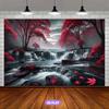 2D Zen Forest Waterfall Tapestry Red Maple Trees, Misty Waterfall and Floating Leaves Wall Art