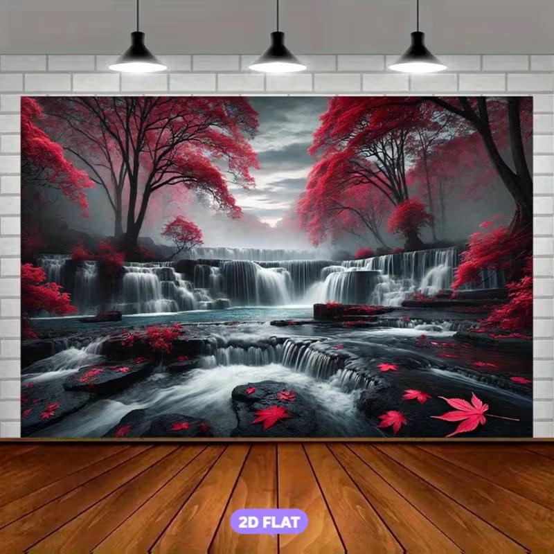 2D Zen Forest Waterfall Tapestry Red Maple Trees, Misty Waterfall and Floating Leaves Wall Art