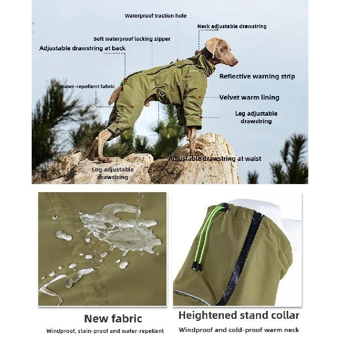 Large Dog Waterproof Winter Jumpsuit – Full Coverage Outdoor Windproof Reflective Dog Coat with Fleece Lining