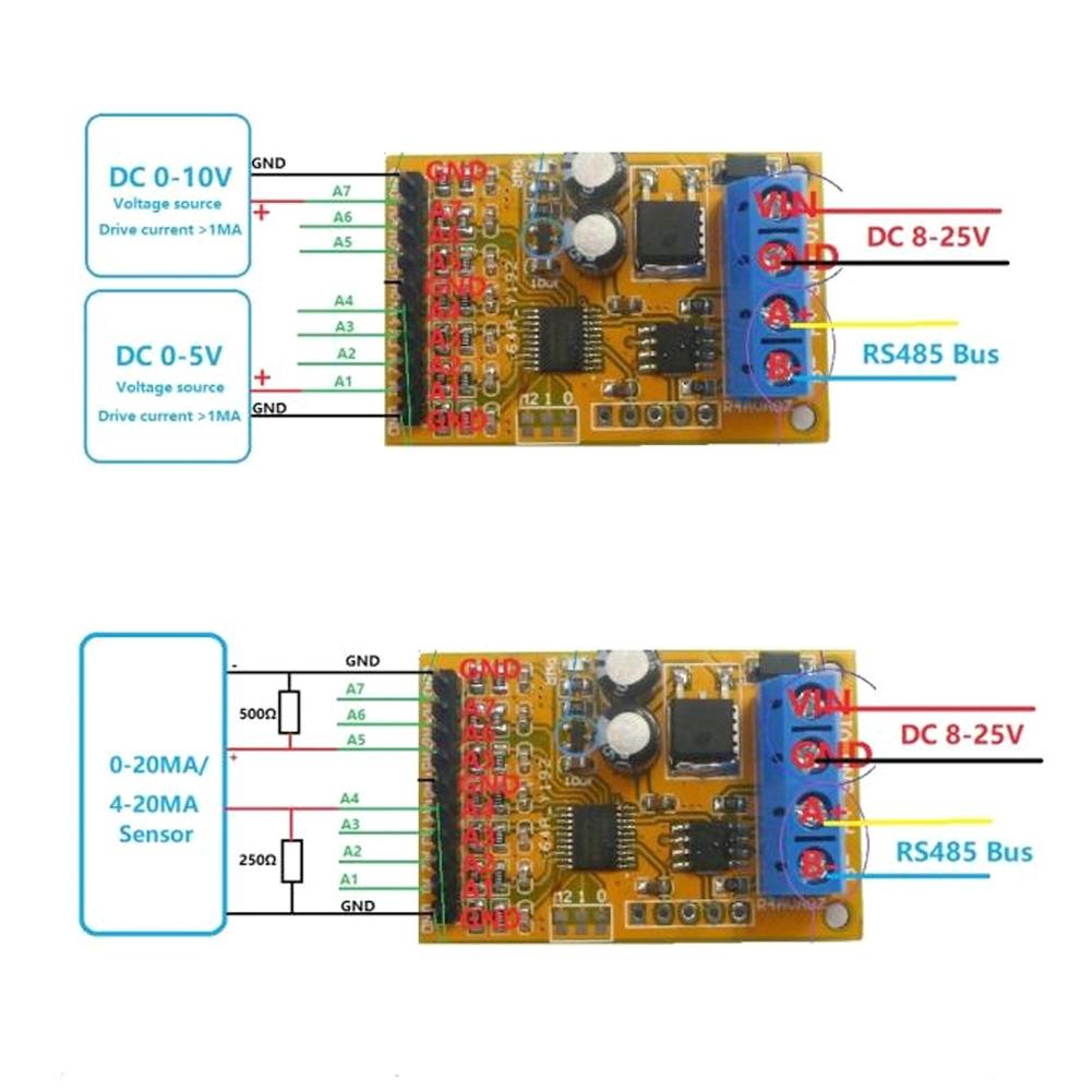 R4AVA07 7 Channel RS485 Voltage Analog Collector ADC Modbus RTU 03 06 Function Code