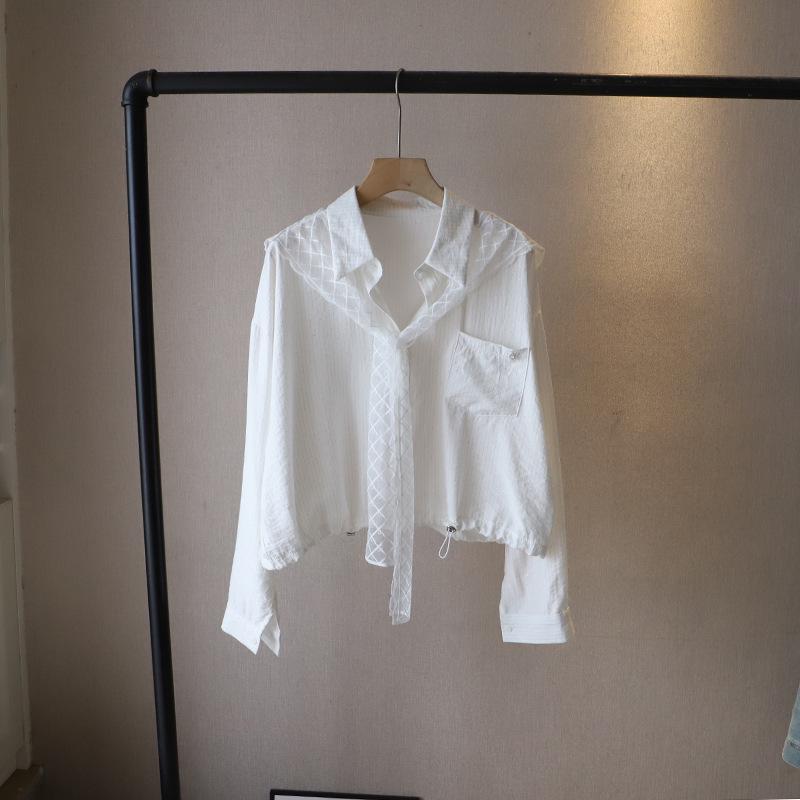 [Bi Zheng] 2025 Spring Korean Style Striped Short Long Sleeve Shirt with Lace Shawl for Women