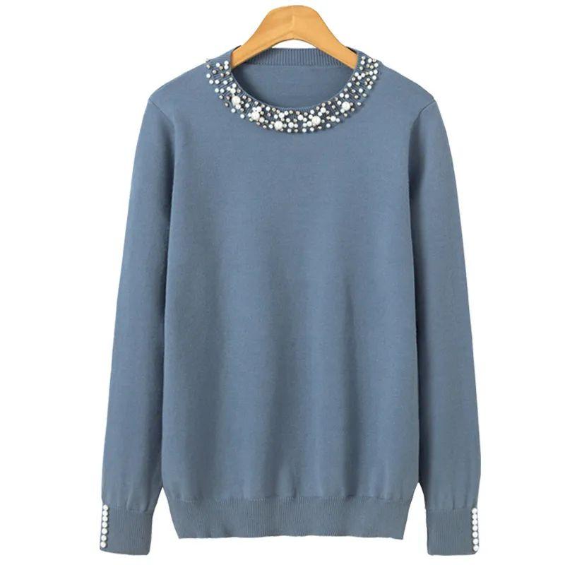

Cross-Border K-style Fall and Winter Beaded Pullover Sweater Women round Neck Long Sleeves Knitwear Loose Slim Looking Elegant Bottoming Shirt Women Sky Blue