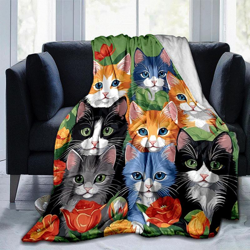 1pc Cute Cat Printing Lightweight Flannel Blanket, Comfortable and Warm Blanket, for Camping Sofa Bed and Couch Office, in All Seasons