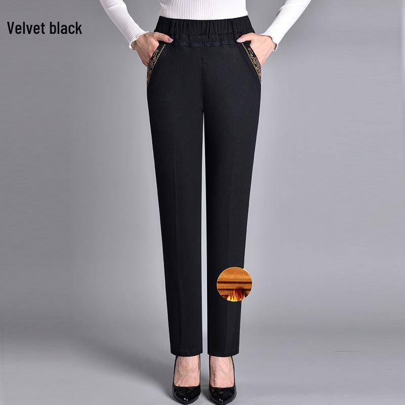 Women's High Waist Stretch Jeans with Elastic Waist and Slimming Fit - Casual Plus Velvet Pants for Middle-Aged and Elderly.