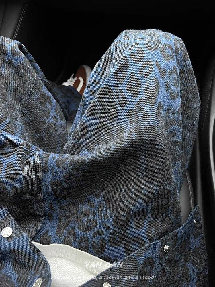Damen Jeans 2024 Frühling Retro Leopardenmuster Weites Bein