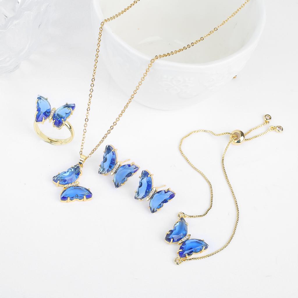 4pcs Creative 21 Colors Crystal Zirconia Butterfly Bracelet Necklace Earrings Ring Jewelry Set Luxury For Woman Party Jewelry