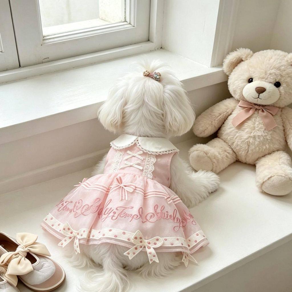 Pet Dog Cats Clothes Korean Pink Print Bow Cute Princess Dresses for Small Medium Dog 2026 Summer Puppy Home Wear Skirt Clothing