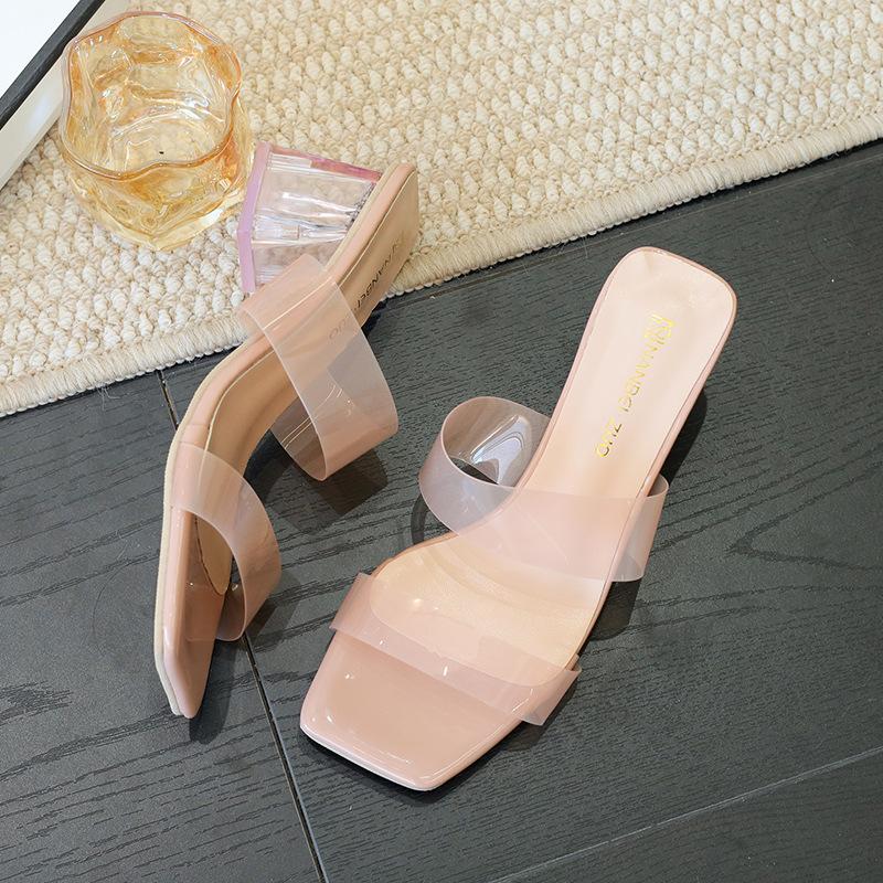 Transparent crystal thick heel sandals women 2025 summer new wear large size high heels fashion word with sandals women