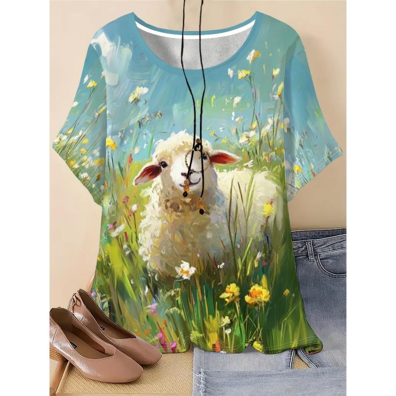 

Summer Round Neck Short-sleeved T-shirt 3D Printing Oil Painting Style Lamb Pattern Among Flowers S