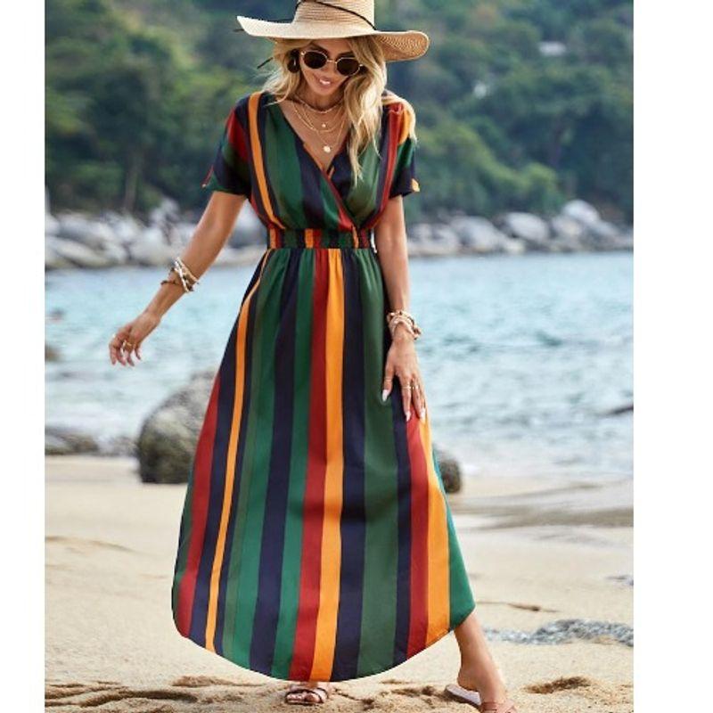 

Fashion Style Summer New V Neck Stripes Print Elastic High Waist Travel Seaside Beach Short Sleeve Dress Dress Green 2XL
