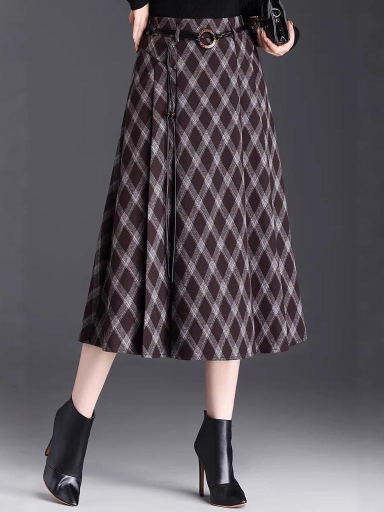 Spring 2026 High-Waist Grid Pleated A-Line Midi Skirt