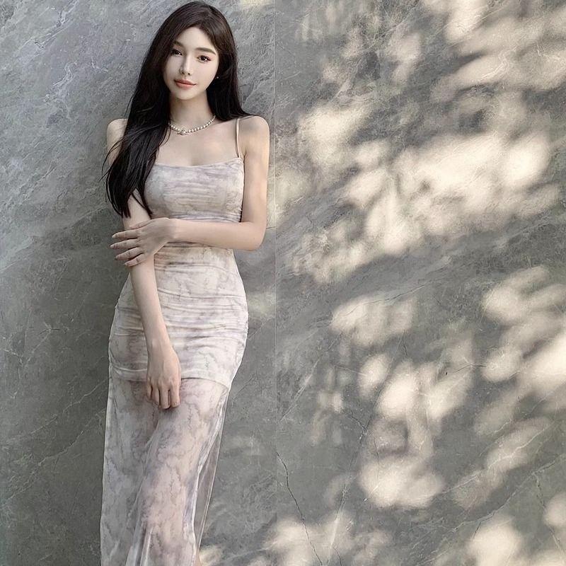 French Pure Desire Wind Split Suspender Dress Summer New Beautiful Seaside Vacation Mesh Dress Women