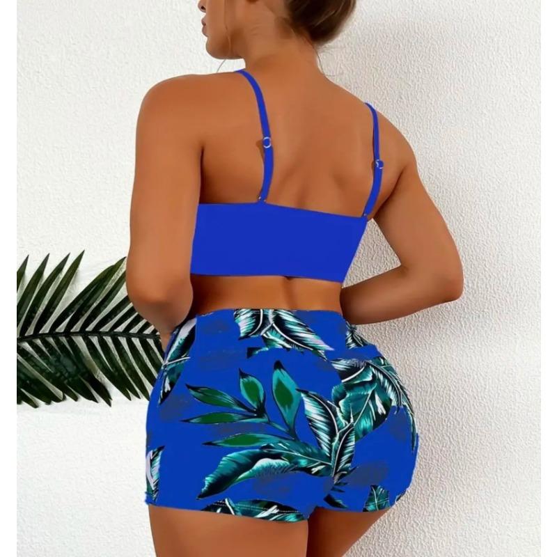 High Waist Bikini Set für Damen Zweiteiliger Badeanzug Bauchkontrolle Rüschenoberteil & Shorts Bademode Strandurlaub Badeanzug