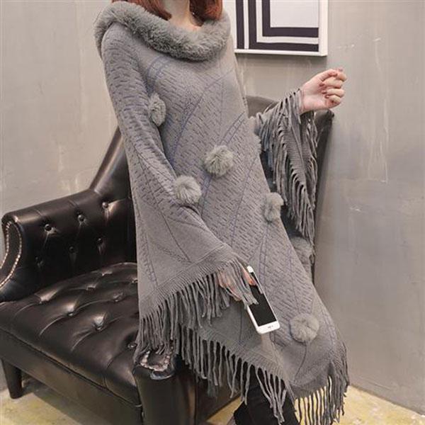 Women's Loose Sweater Outer Wear Fur Collar Batwing Sweater Hand-woven Tassel Cloak Knit Shawl Autumn Winter